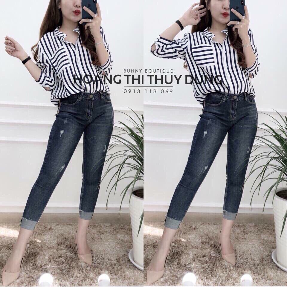 Áo Sơ Mi Sọc Cổ Trụ Phối Túi