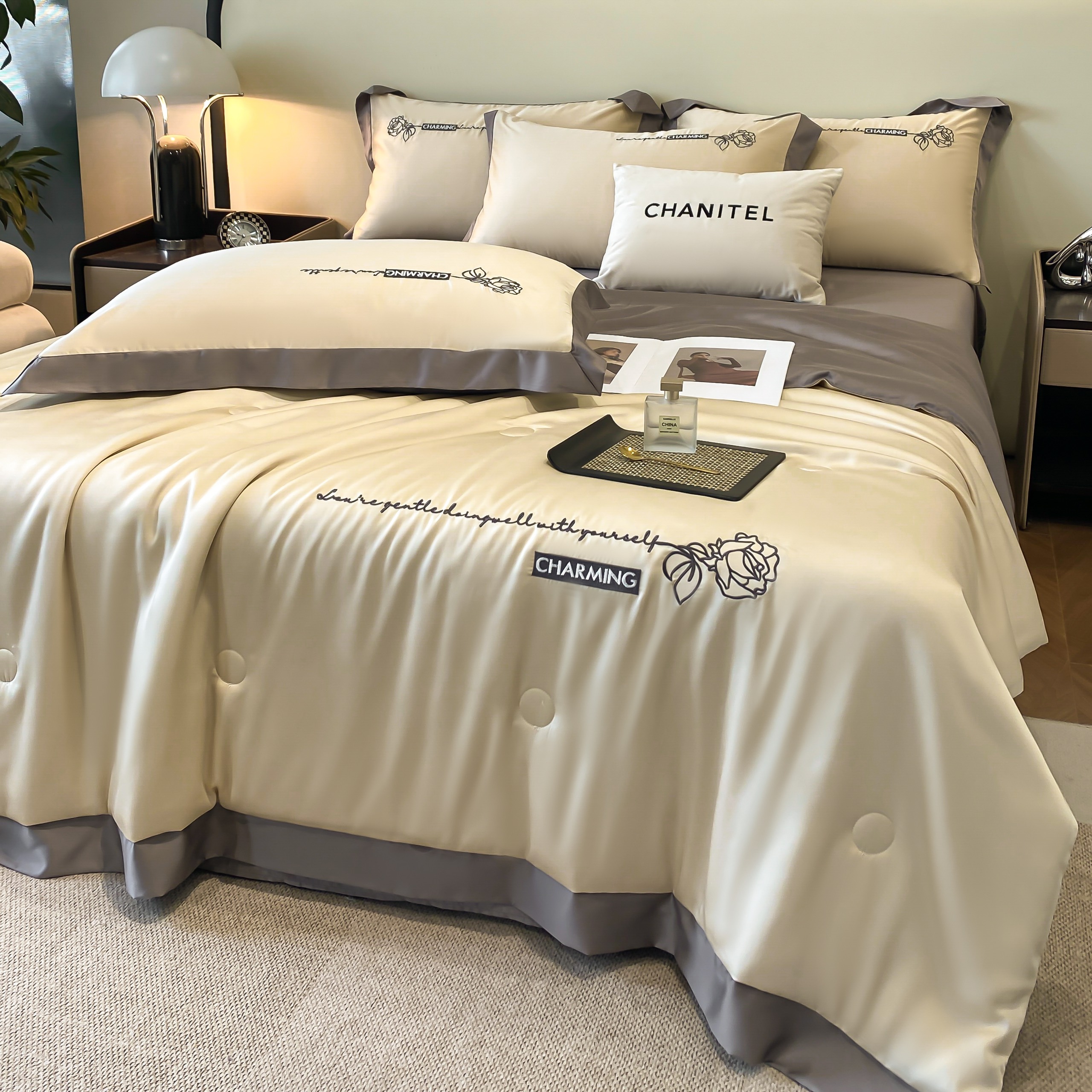 SET 4 MÓN CHĂN CHẦN HÈ+ GA GỐI PHI LỤA THÊU HOA PHỐI VIỀN NHẬP KHẨU CHIIBEDDING