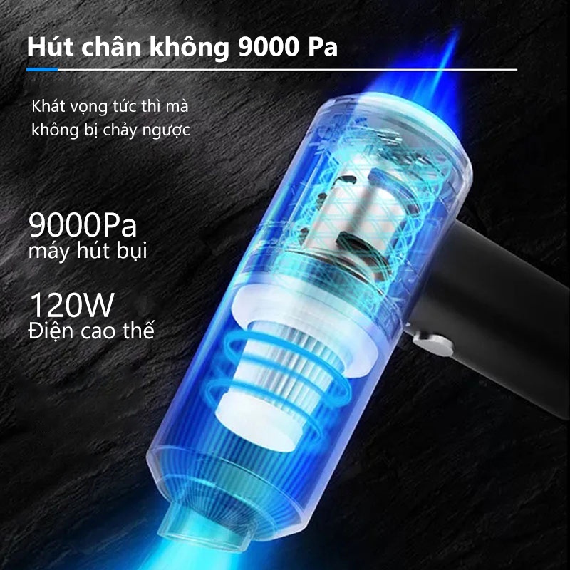 Máy Hút Bụi Mini Không Dây, Máy Hút Bụi Giường Đệm Công Suất Lớn 120W Lực Hút 9000pa, Máy Hút Bụi Ô Tô Hoạt Động Êm Ái, Pin Sạc 2000mAh