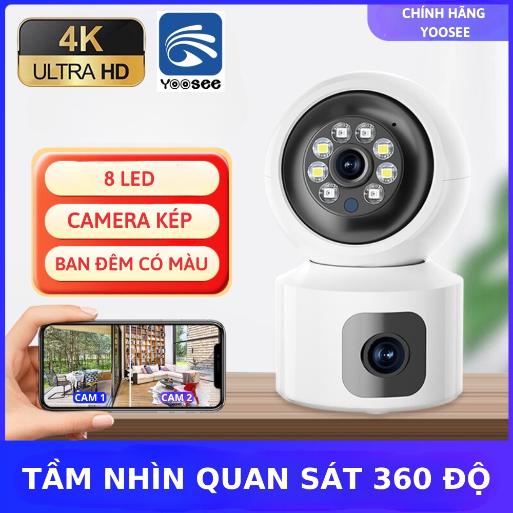 Camera IP Wifi Không Dây 2 Mắt Xem 2 Màn Hình Cùng Lúc 5.0MPX Xoay 360 Độ, Xem Đêm Có...