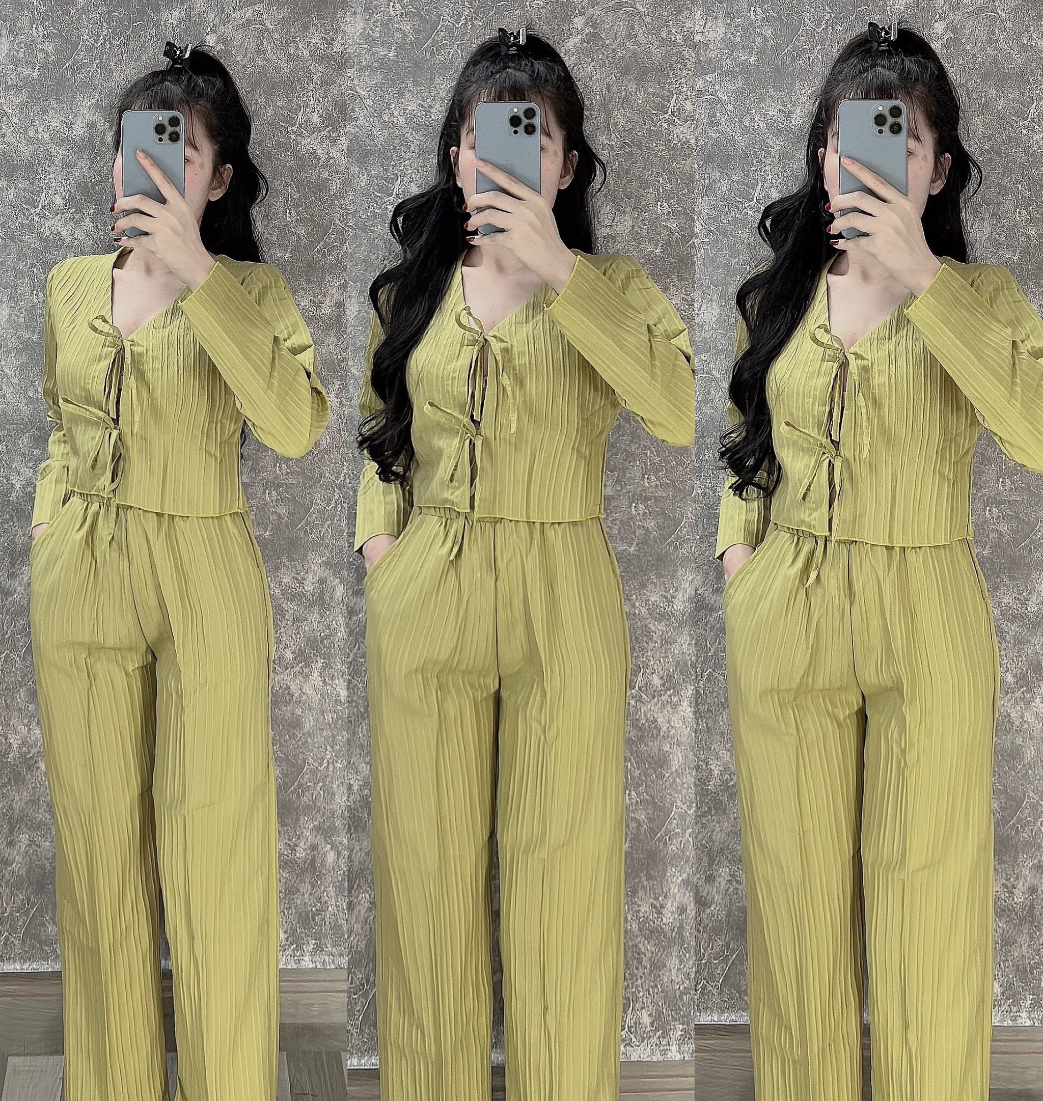 Set thời trang mặc nhà, đi chơi chất đũi áo tay dài dây rút ngực mix quần suông dài, Set áo dài tay rút dây ngực phối quần dài xinh xắn, Set bộ thời trang nữ áo rút dây ngực mặc cùng quần dài chất đũi MTB
