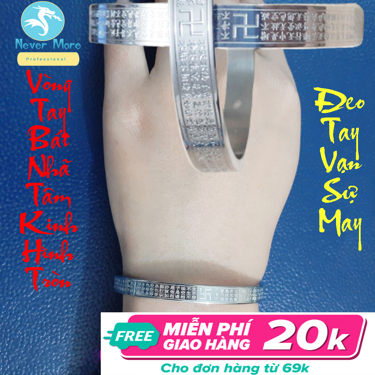 Vòng tay titan cao cấp Bát Nhã Tâm Kinh hình tròn màu trắng siêu đẹp - Nhiều size - Đeo tay vạn sự may