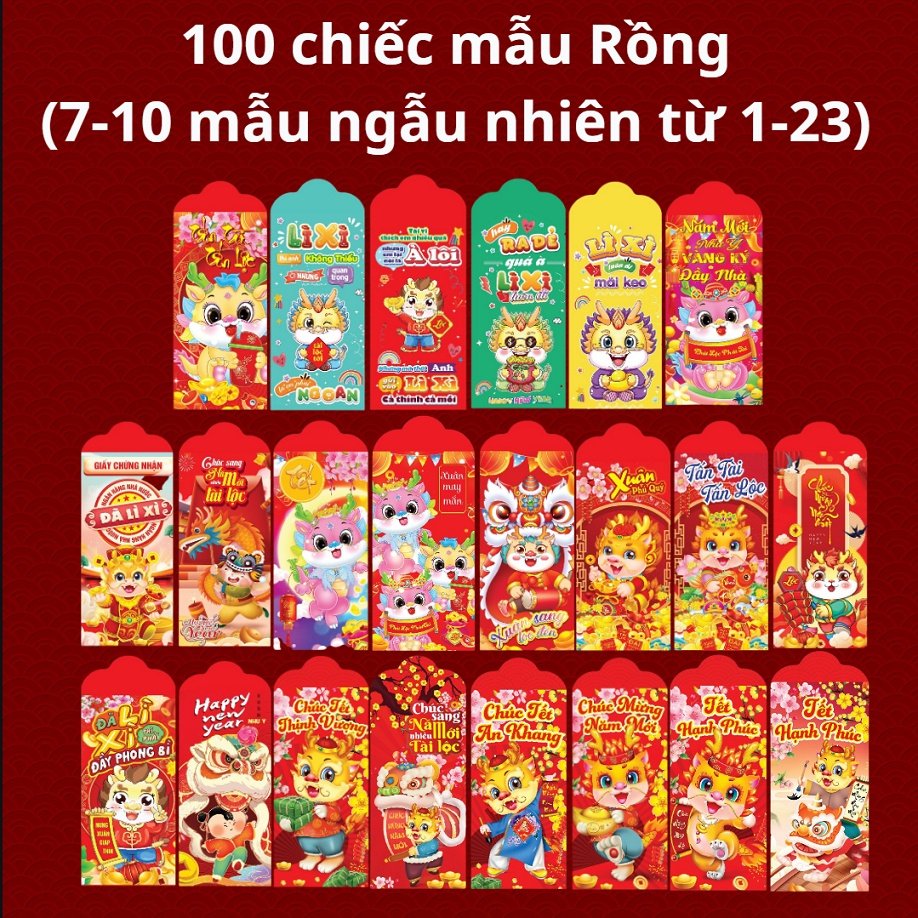 Combo 100 phong bao lì xì tết mẫu rồng 2024 có chọn mẫu và kèm túi