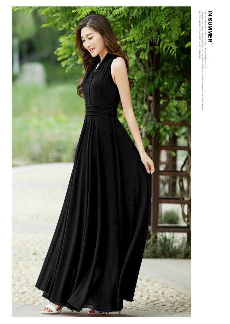 dầm maxi dài đen cổ v sang trọng