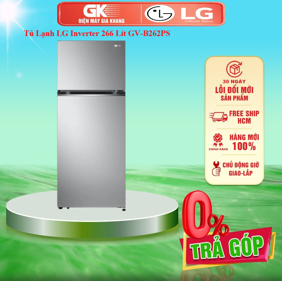 Tủ lạnh lg inverter 266 lít gv-b262ps - giao toàn quốc - freeship hcm