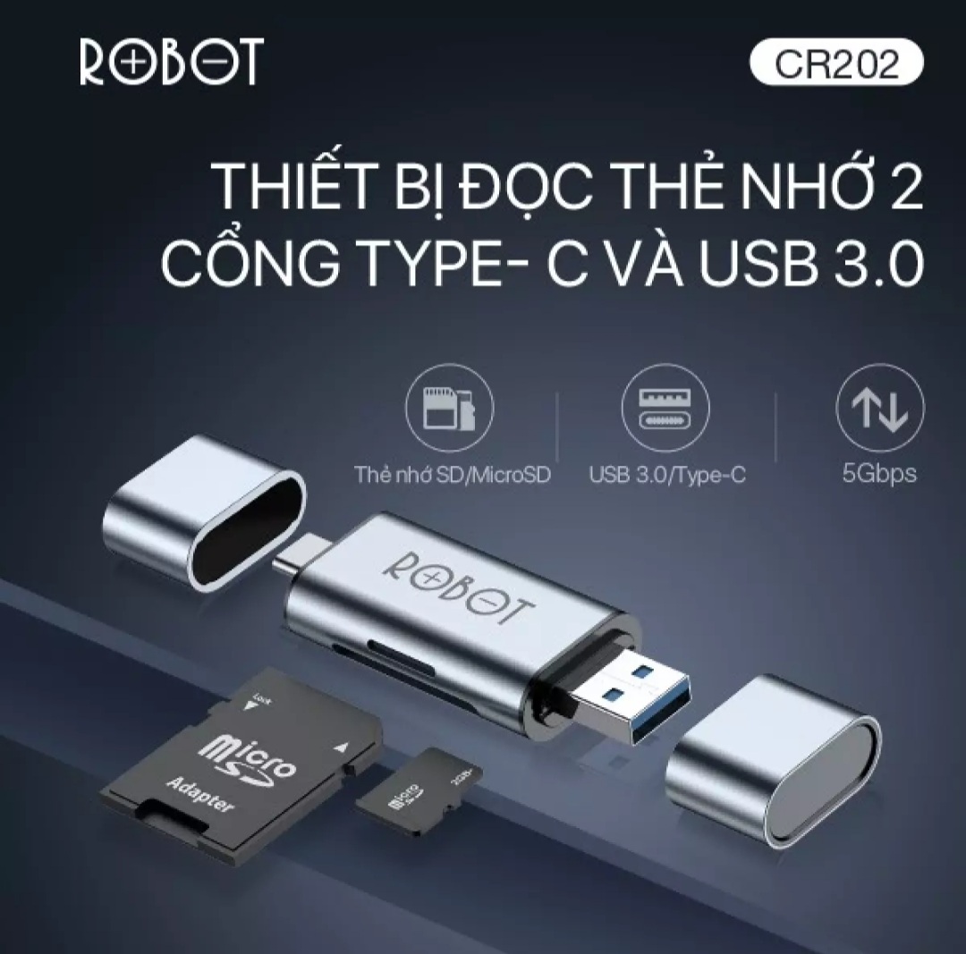 [New]Thiết Bị Đọc Thẻ Nhớ SD/ MicroSD ROBOT CR202 - 2 Đầu Type-C Và USB 3.0 -