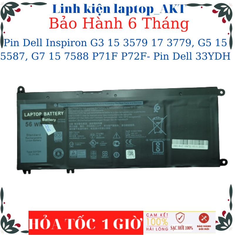 Pin laptop dell inspiron g3 15 3579 17 3779, g5 15 5587, g7 15 7588 p71f p72f- pin dell 33ydh