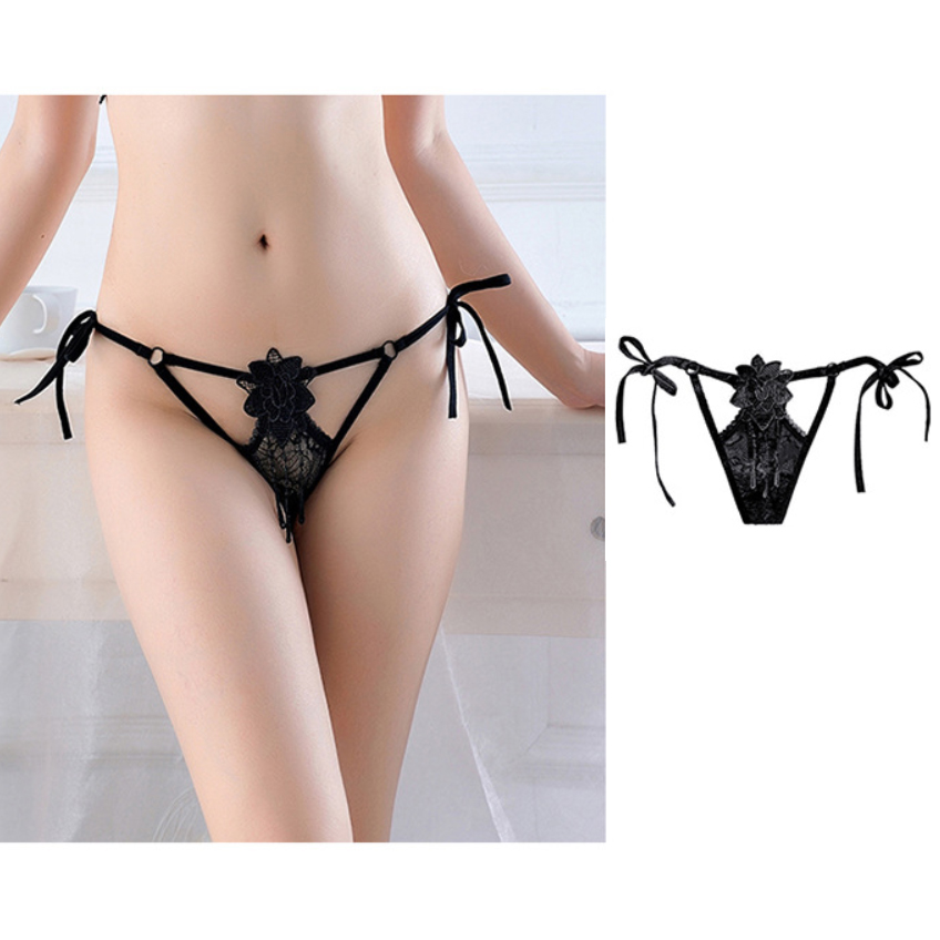 Siêu sexy gợi cảm quần lót buộc dây mở đũng - Màu đen