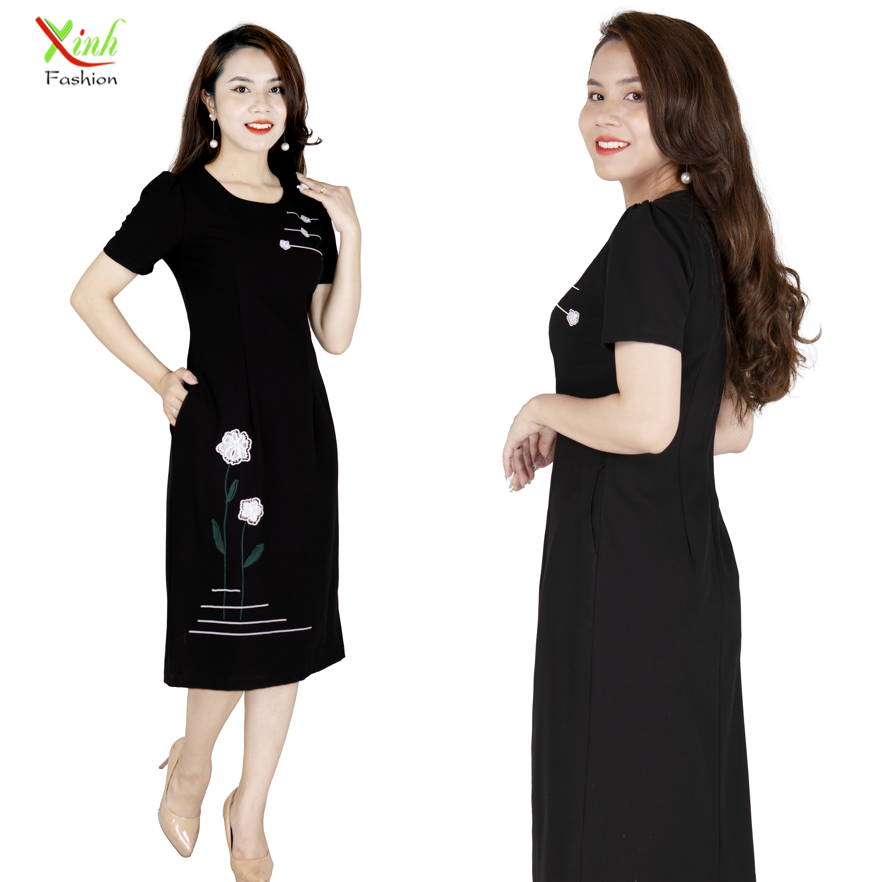 Đầm Suông A Hoa Thêu Đen Tôn Da Sáng Tạo Dáng Gọn DL874