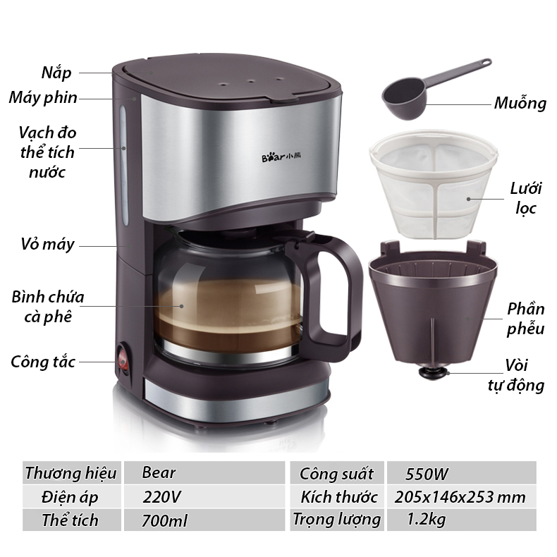 Máy pha cà phê mini Bear, máy pha cafe mini tự động dung tích 700ml