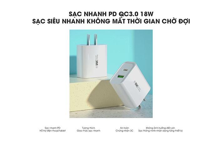 Cóc sạc nhanh cho iPhone Remax WP-U72 2 cổng USB QC3.0+PD Max 18W
