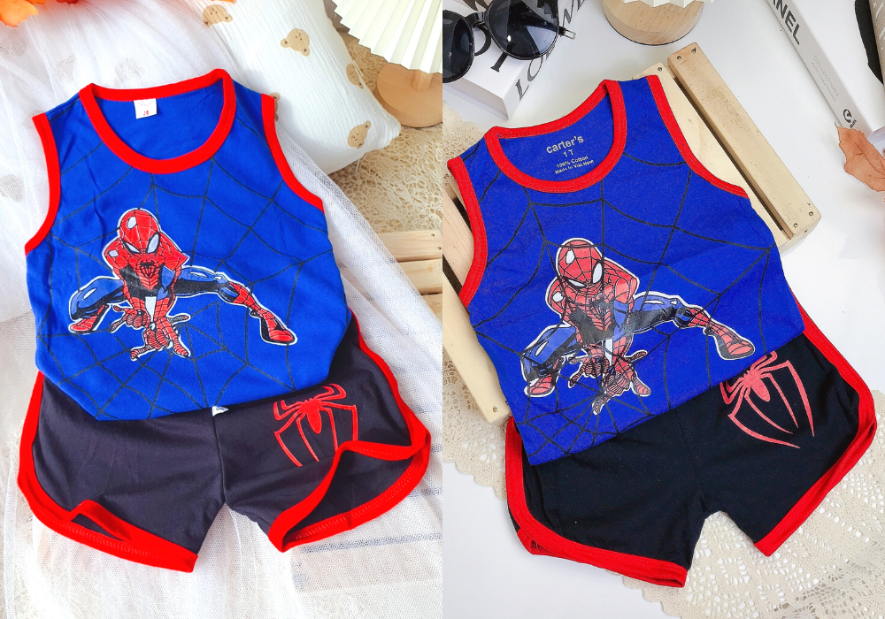 Đồ bộ bé trai, bộ quần áo siêu nhân nhện spider man ba lỗ sát nách chất cotton 100 cho bé từ 7-20kg