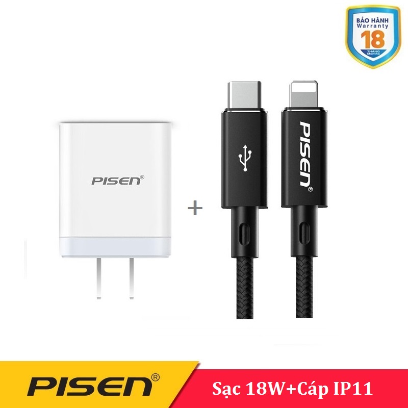 Bộ sạc cáp Pisen 18W - Cho Iphone 11 QC3.0 ( Sạc 18W + Cáp dây dù 3A Lightning&Type-C)