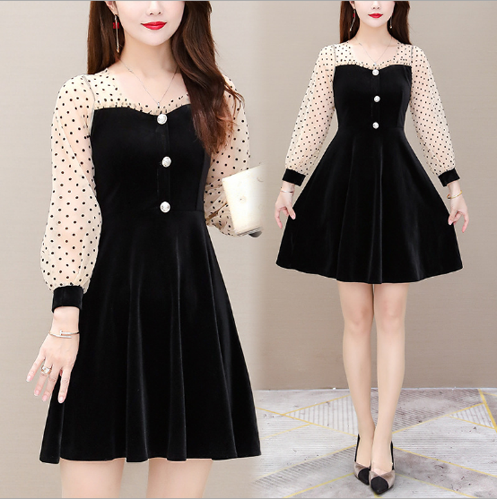 Đầm xòe - Đầm nhung phối tay chấm bi