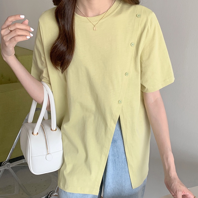 Áo thun nữ xẻ tà phối nút tay ngắn style Hàn quốc
