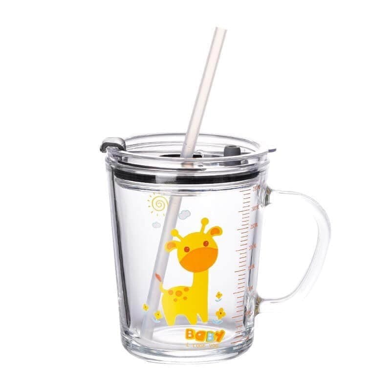 Cốc Thủy Tinh Pha Sữa Cho Bé Chia Vạch 400ml Họa Tiết Hoạt Hình, Có Nắp Đậy Chân Không Và Ống Hút - Ly Pha Sữa Cho Bé Giữ Ấm Kèm Ống Hút