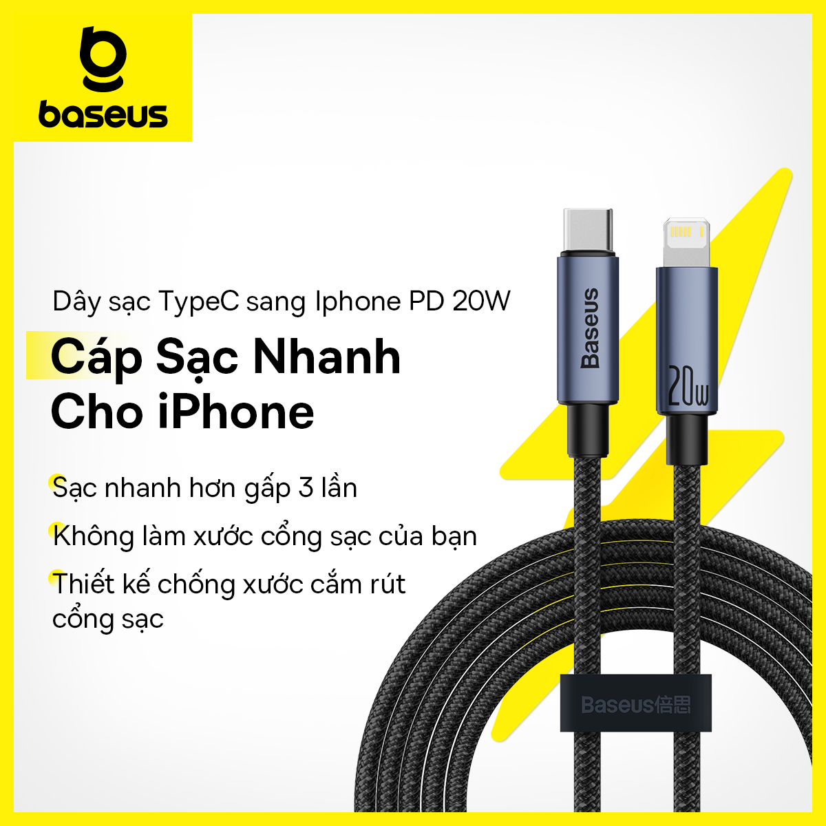 [TYPE C => IPHONE] - Dây Cáp Sạc Nhanh Baseus PD 20W Dành Cho iPhone 13 12 11 Pro Max (chiều dài dây 1M)
