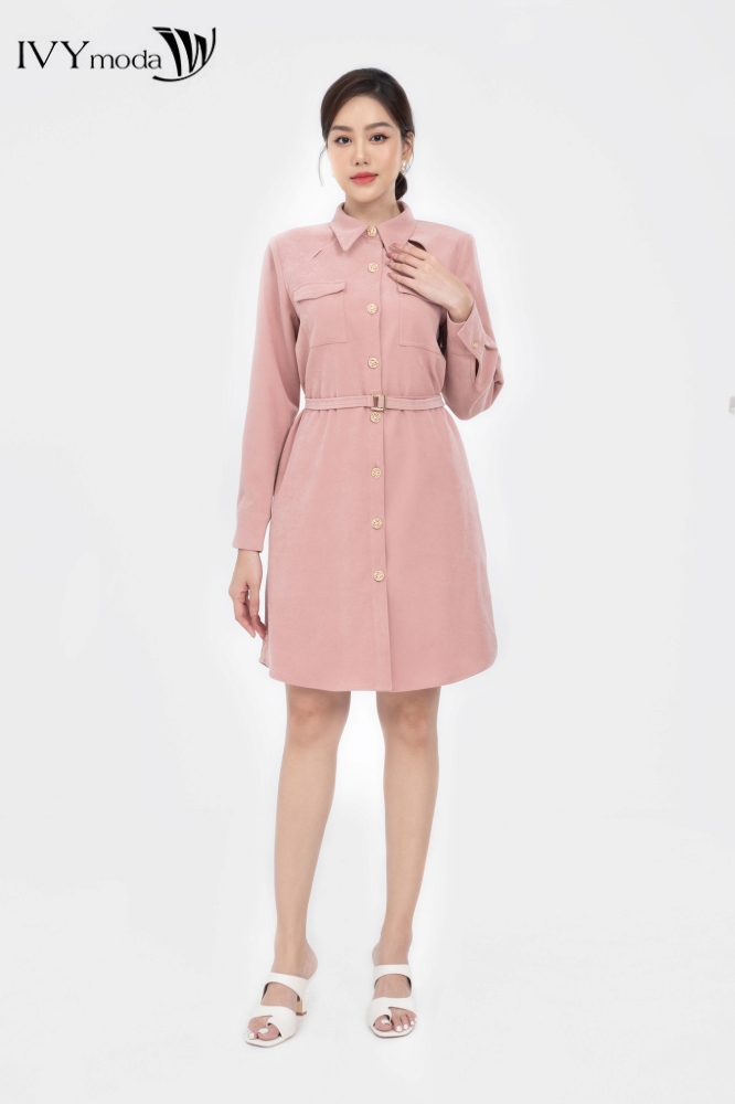 Đầm sơ mi nhung cut out IVY moda MS 48M8003