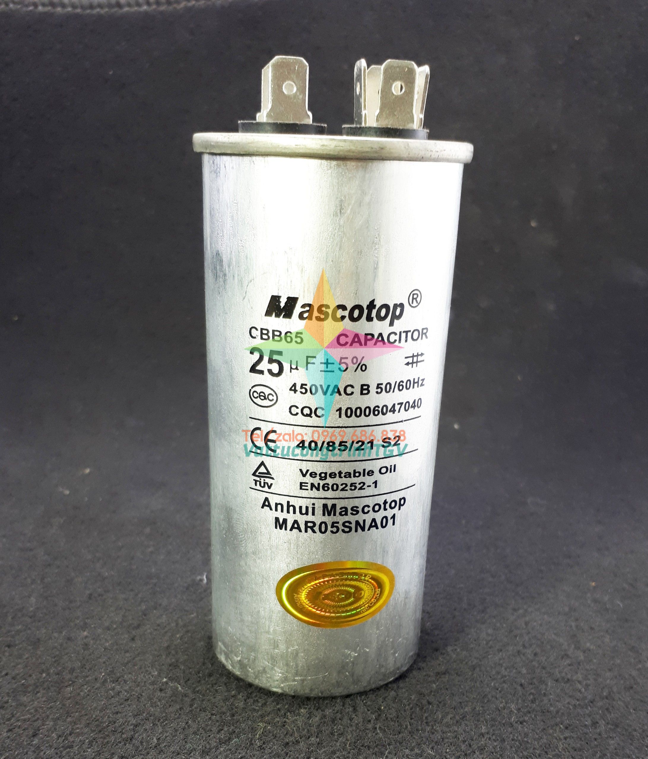 Tụ điều hòa Mascotop kiểu CBB65 450VAC 25uF + 5% - Hàng chính hãng