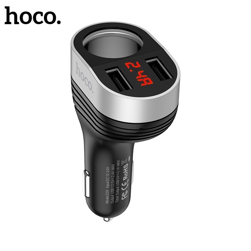 Cóc Sạc Xe Hơi Hoco Z29 2 Cổng Usb Có Đèn Led (Đen)