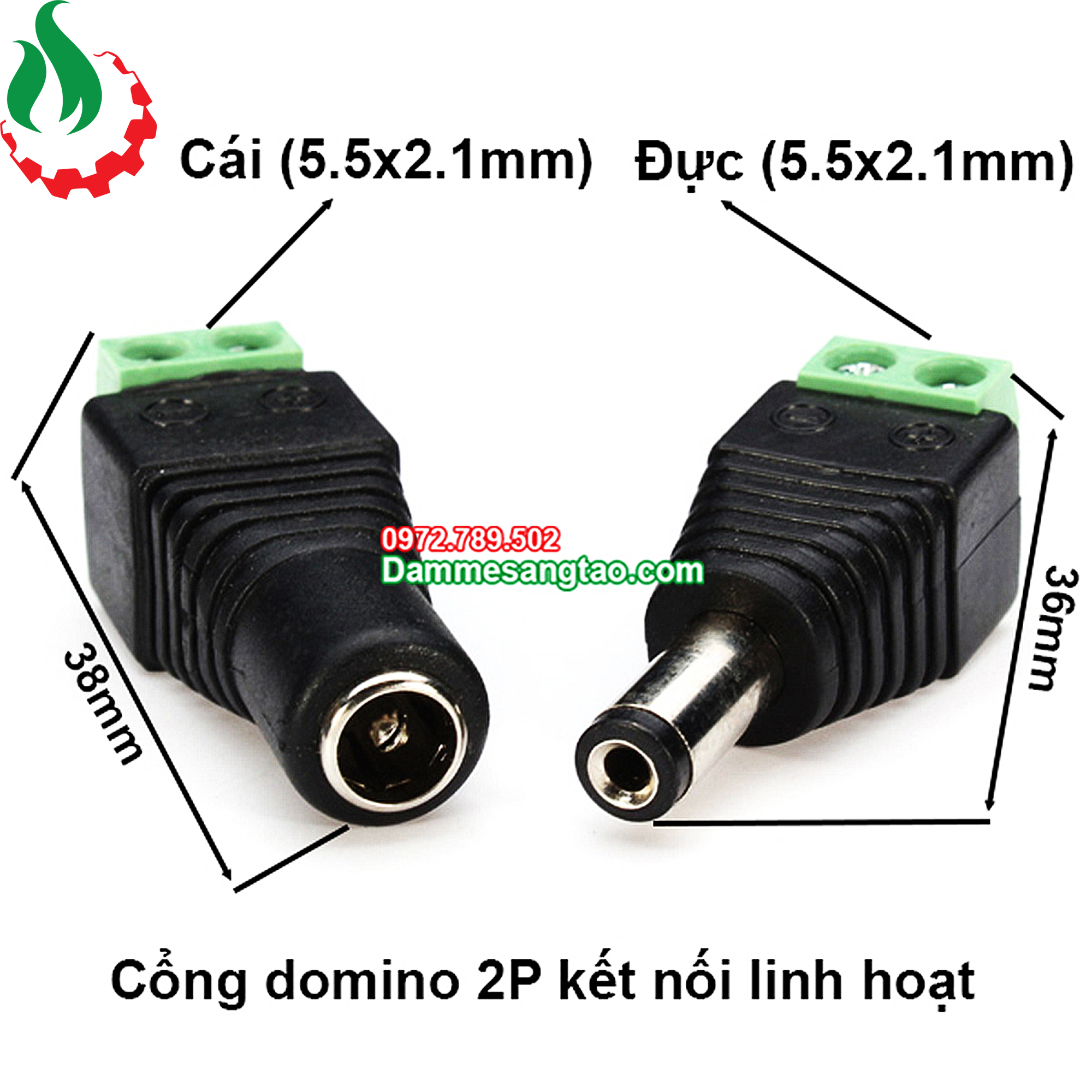 Jack dc đầu vào cổng domino 2p chuẩn 5.5mm x 2.1mm