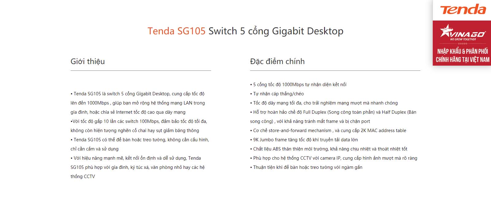 Tenda SG105 - Switch 5 cổng Gigabit - Bảo Hành 36 Tháng