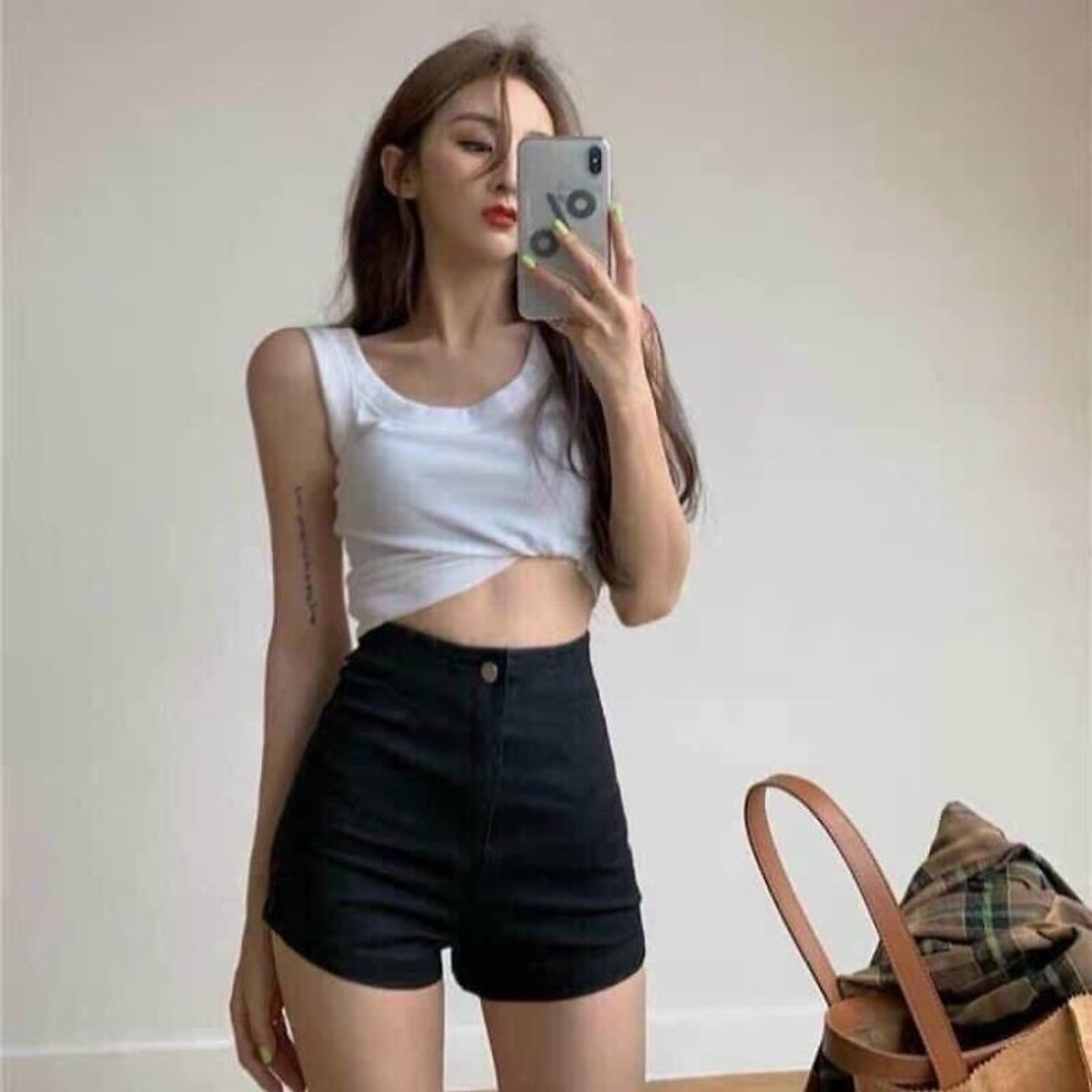 Quần Shorts Cạp Cao Vải Umi Hàn Dáng Ôm