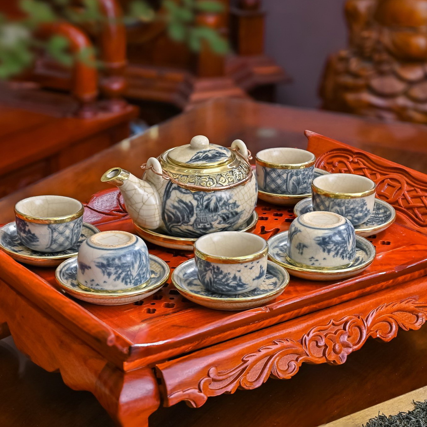 Bộ trà 13 món, men rạn Bát Tràng, bọc đồng