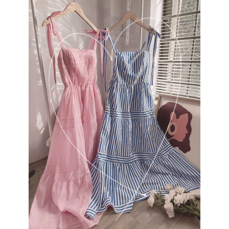 Đầm maxi kẻ sọc 2 dây cột nơ vai