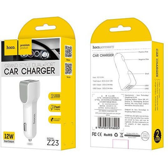 Cốc sạc xe hơi Hoco Z23 - 2 cổng sạc nhanh 2.1A giá rẻ | Cốc sạc ôtô - Bảo hành 6 tháng