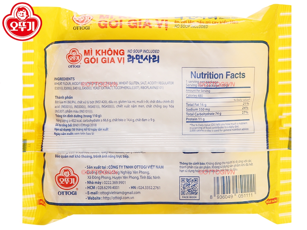 Combo 5 gói Mì Không Gói Gia Vị Ottogi 110G