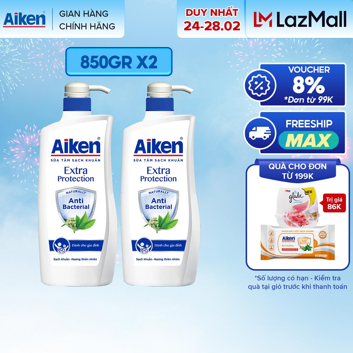 Combo 2 Sữa tắm Sạch khuẩn Aiken Chiết Xuất Trà Xanh Thiên Nhiên 850g chai