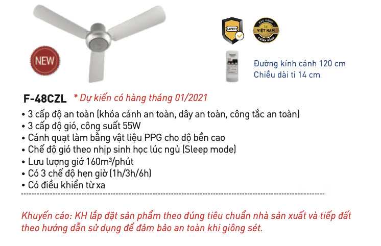 Quạt trần 3 cánh Panasonic F-48CZL (TI 14CM .LẮP CHO TRẦN THÂP )