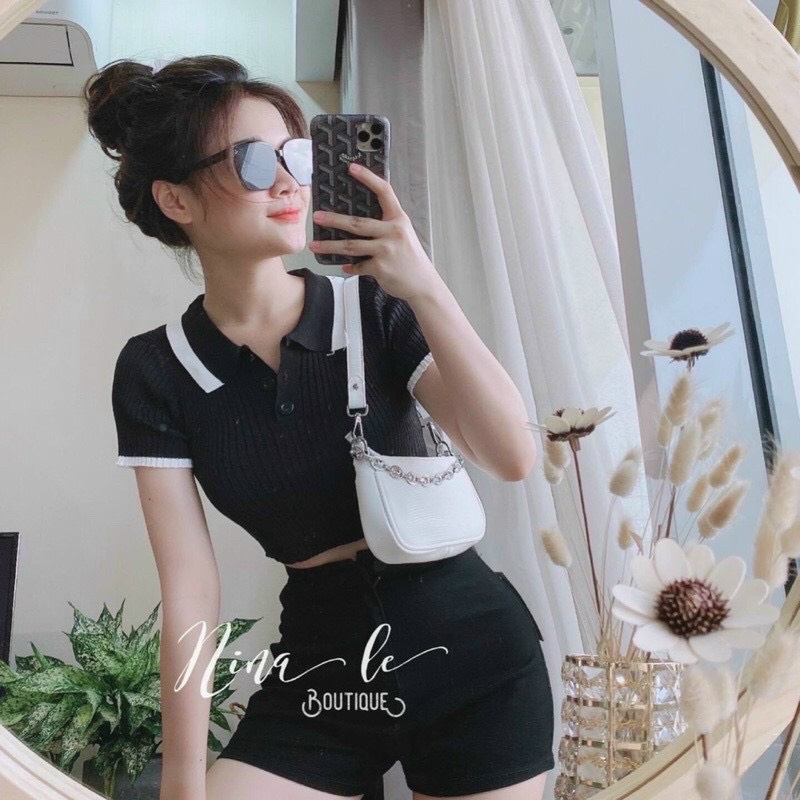 Áo gân cổ bẻ croptop 2 màu , chất thun gân len