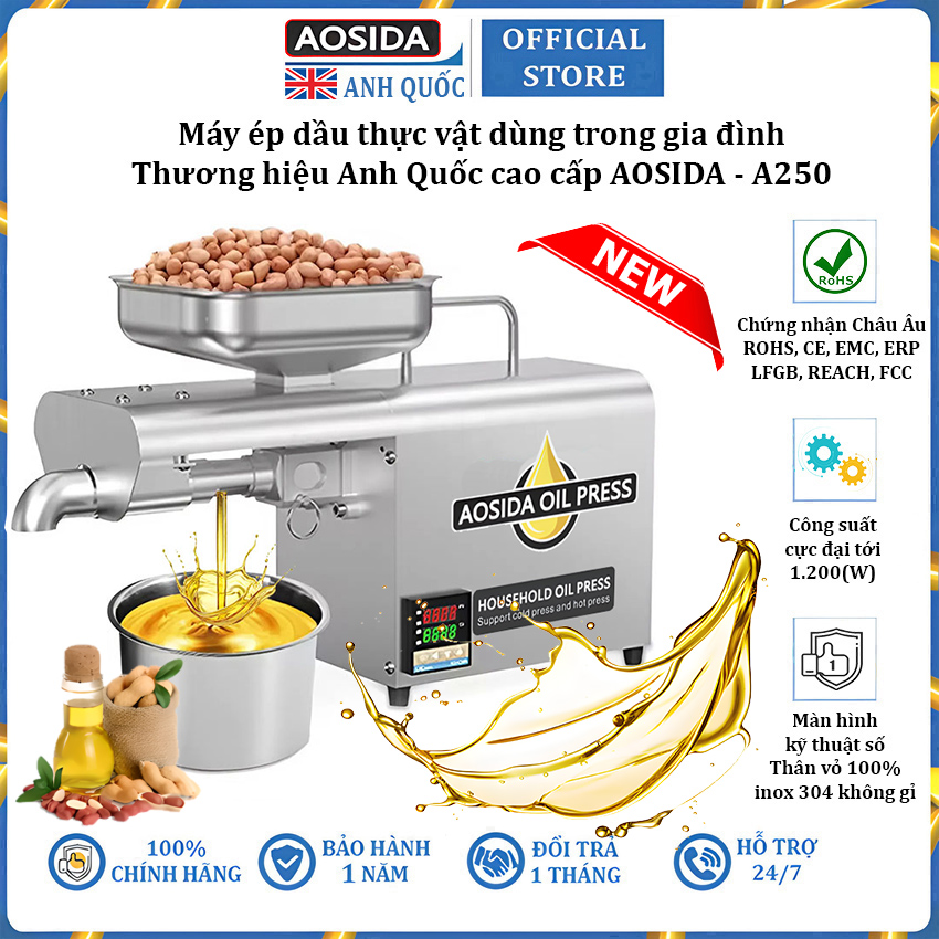 Máy ép dầu thực vật nóng và lạnh dùng trong gia đình thương hiệu Anh Quốc cao cấp AOSIDA A250 - Hàng Nhập Khẩu