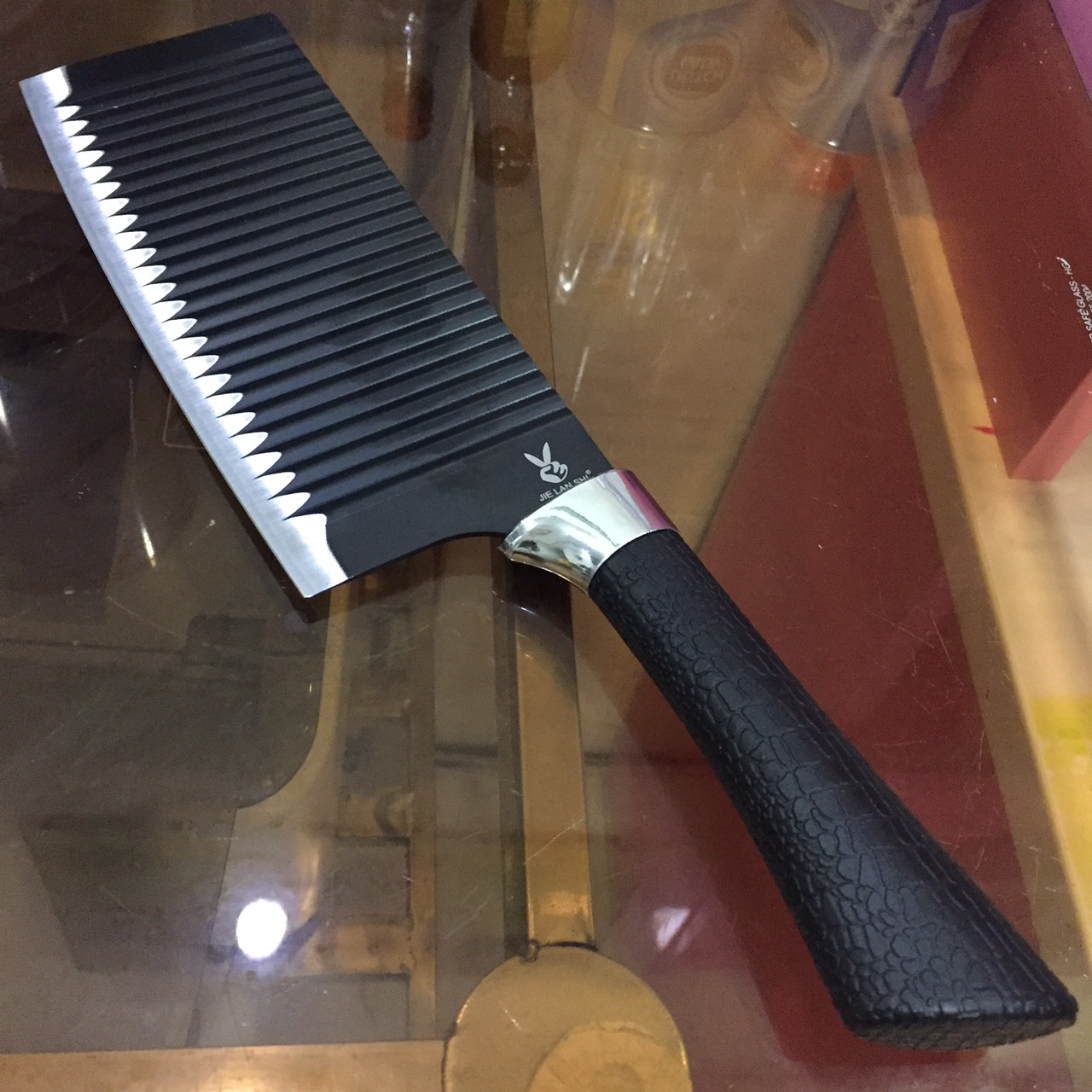 [HCM]Dao thái thịt bản to chống dính lượn sóng màu đen dài 32cm bản 8cm. Dao bếp lưỡi gợn sóng Nhật Bản loại 1 siêu bén cán bọc cao su cao cấp an tòan và êm tay