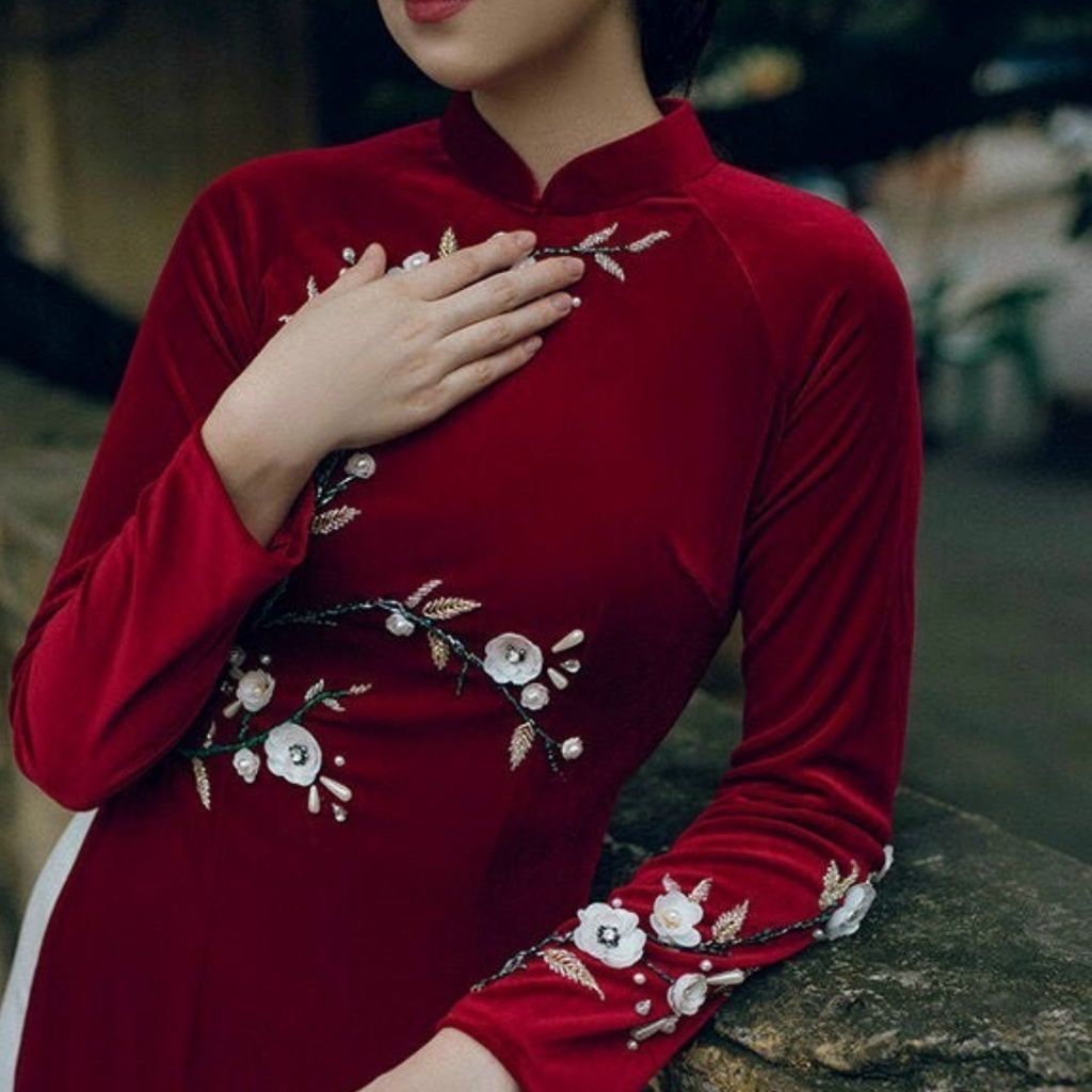 Áo Dài Nhung Đỏ Thiết Kế May Sẵn Cao Cấp