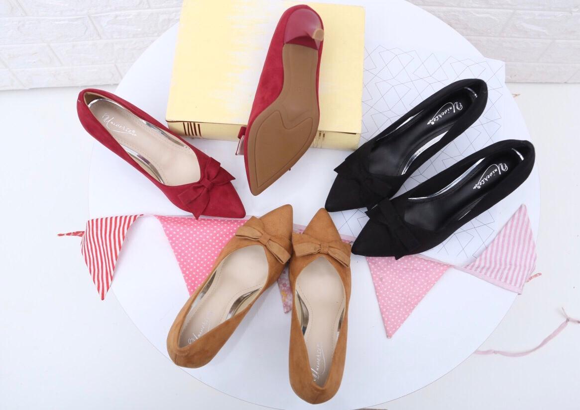 (giày lẻ size giá rẻ) Giày cao gót chất da lộn có nơ