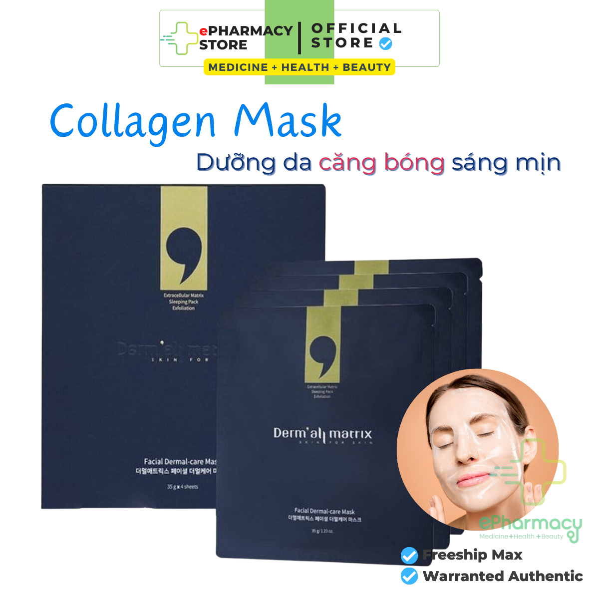 Mặt nạ Derm All Matrix - Mặt nạ Matrix dưỡng trắng nâng cơ cấp nước tức thời - Hộp 4 miếng