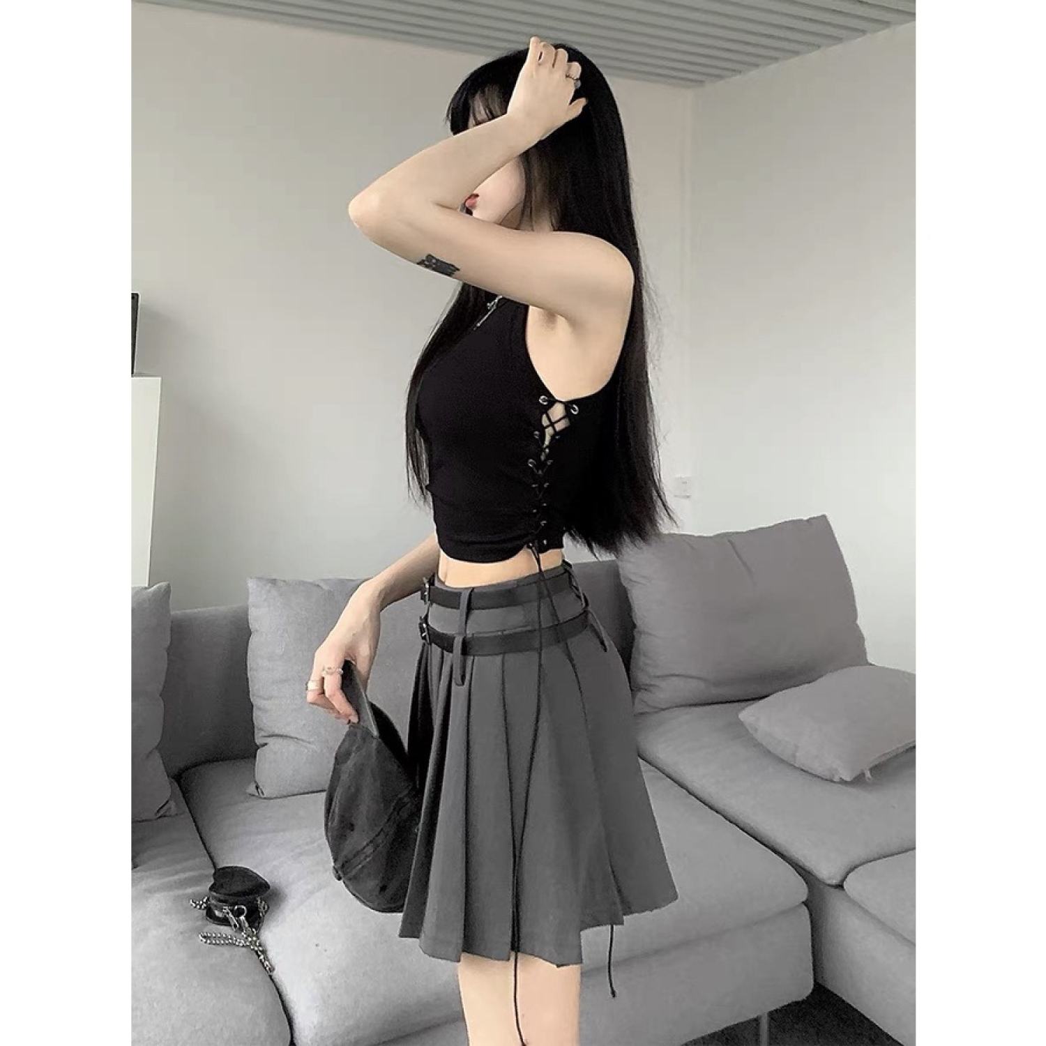 Chân váy xếp ly kèm thắt lưng L66 tennis xòe basic V3