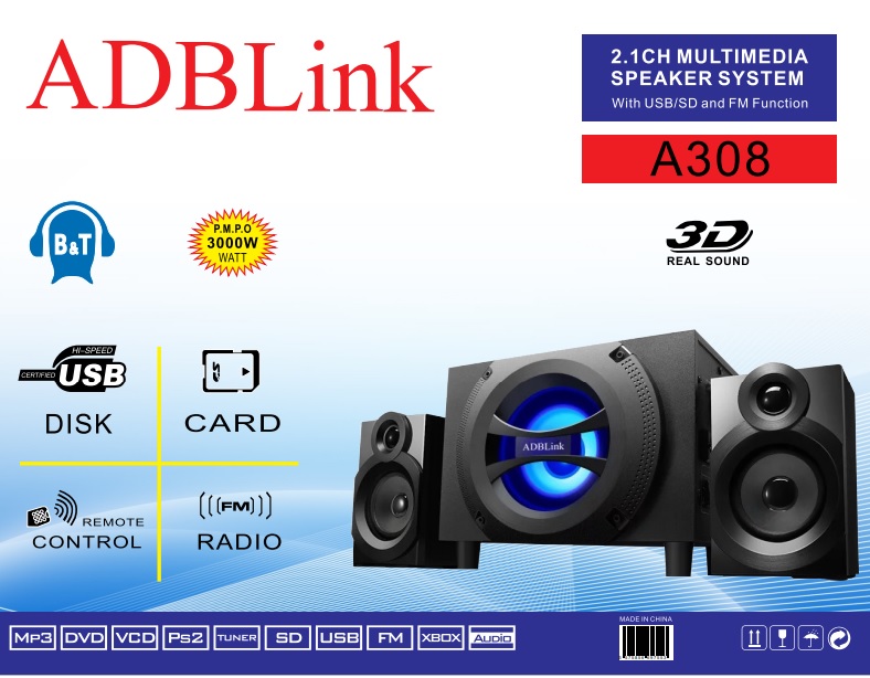 Loa Vi Tính 2.1 ADBLink A308 ( Bluetooth - FM , Thẻ Nhớ , Usb )
