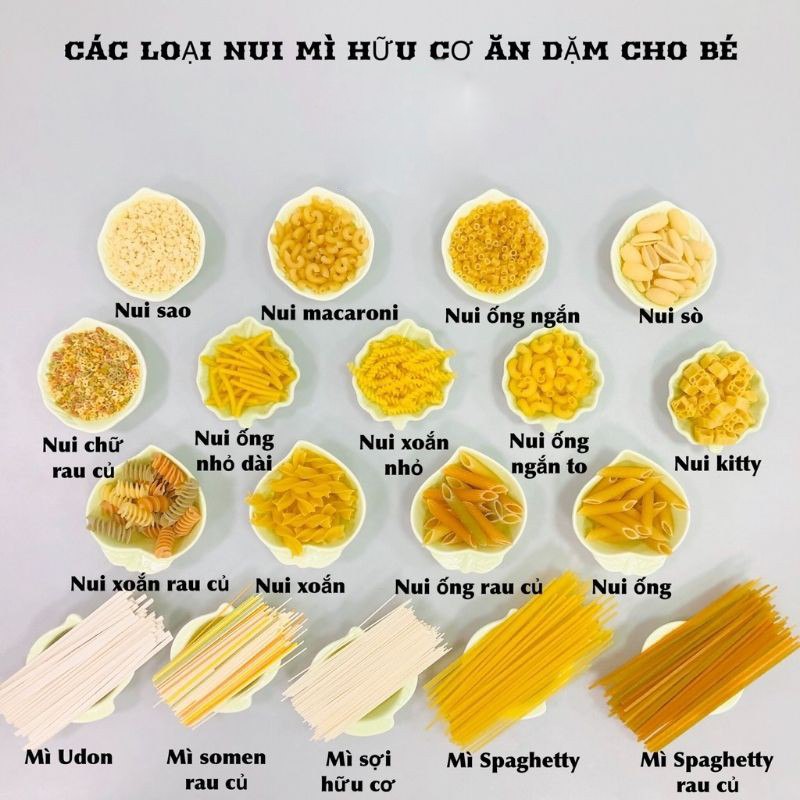 Mì nui các loại  tách lẻ 100g (nui xoắn, nui sao, nui chữ, mì semon, nui sò, nui vũ trụ)