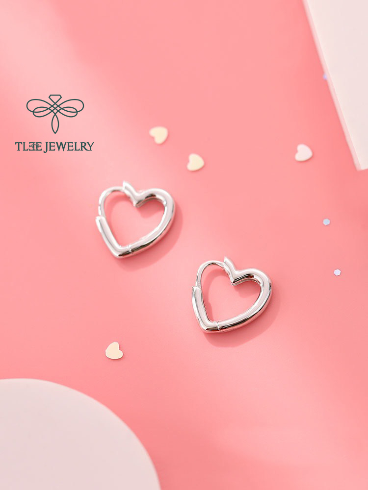 Khuyên tai bạc nữ TLEE tim trơn chốt bấm basic TleeJewelry B0215