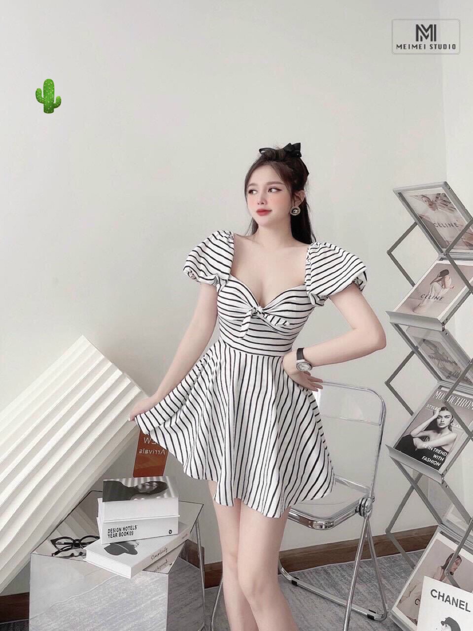 Váy đầm sọc dáng xòe trễ vai