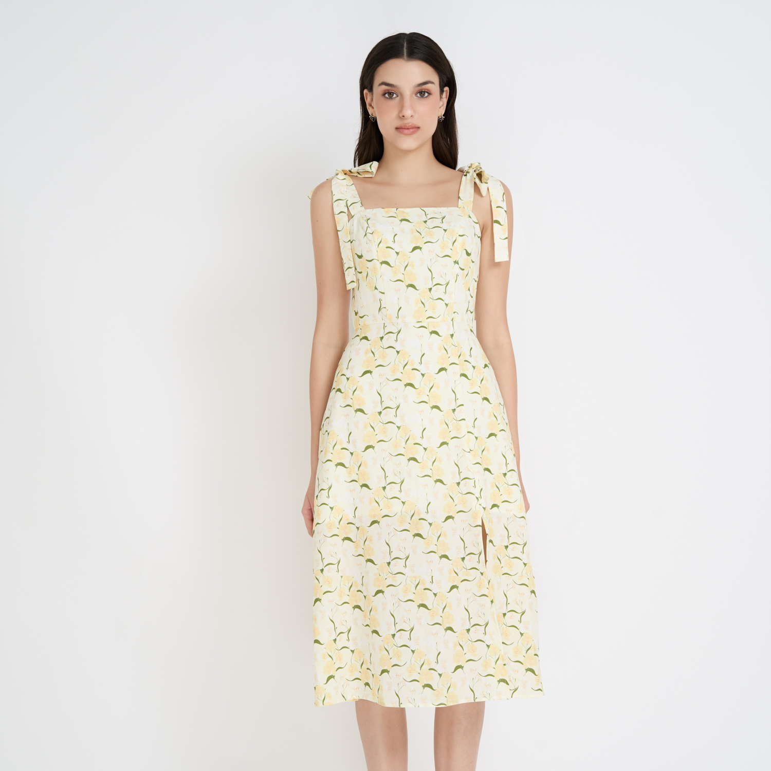 Đầm midi suông lụa cotton in hoa xẻ tà Maybi