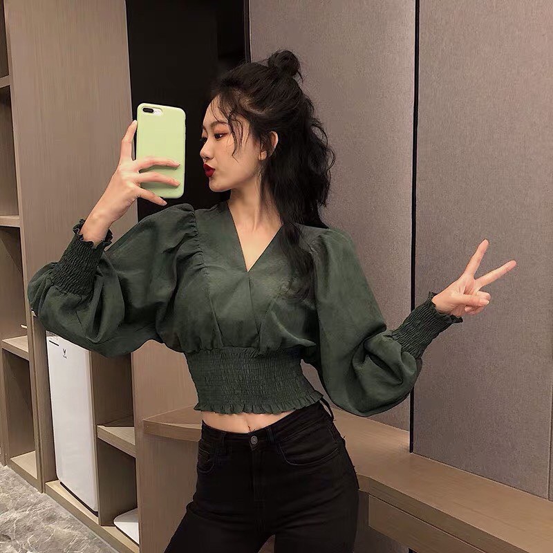 Áo Voan Cổ V Đắp Chéo Nhún Eo Bao Tay Thời Trang TTSLA0023