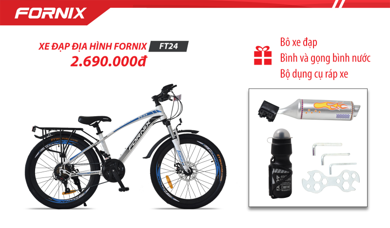 Mua [Có video] XE ĐẠP ĐỊA HÌNH FORNIX FT24 (Kèm bộ dụng cụ lắp láp)+ (Gift) Pô xe đạp + Bình và gọng bình nước