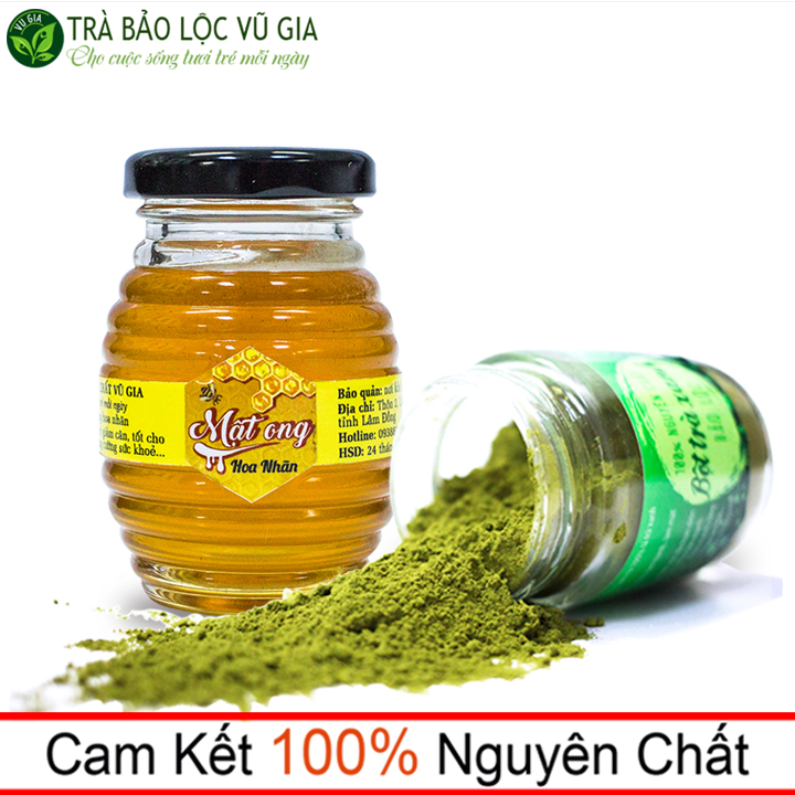 Combo Bột Trà Xanh + Mật Ong Hoa Nhãn - Nguyên Chất Vũ Gia (100g)  - Hỗ trợ đắp mặt nạ dưỡng da, cải thiện sắc tô da, tăng sức đàn hồi, trắng mịn da - Đã được kiểm nghiệm y tế