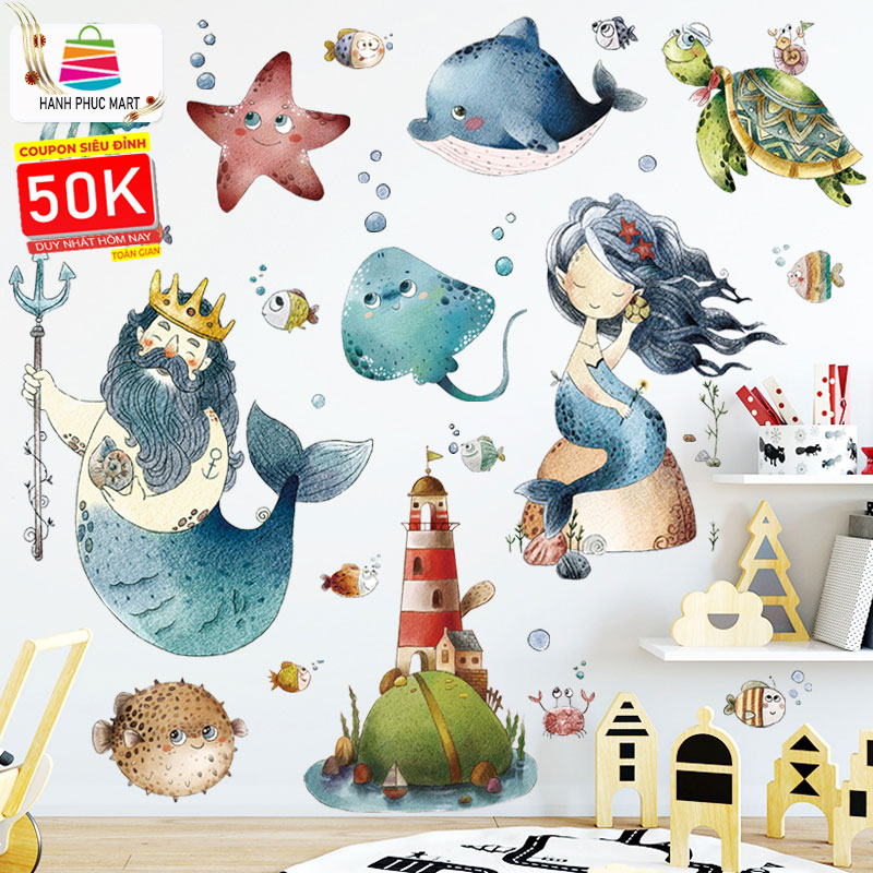 Decal dán tường cho bé Sticker dán tường in chất lượng cao có keo mặt sau mẫu Nàng Tiên Cá ZH76