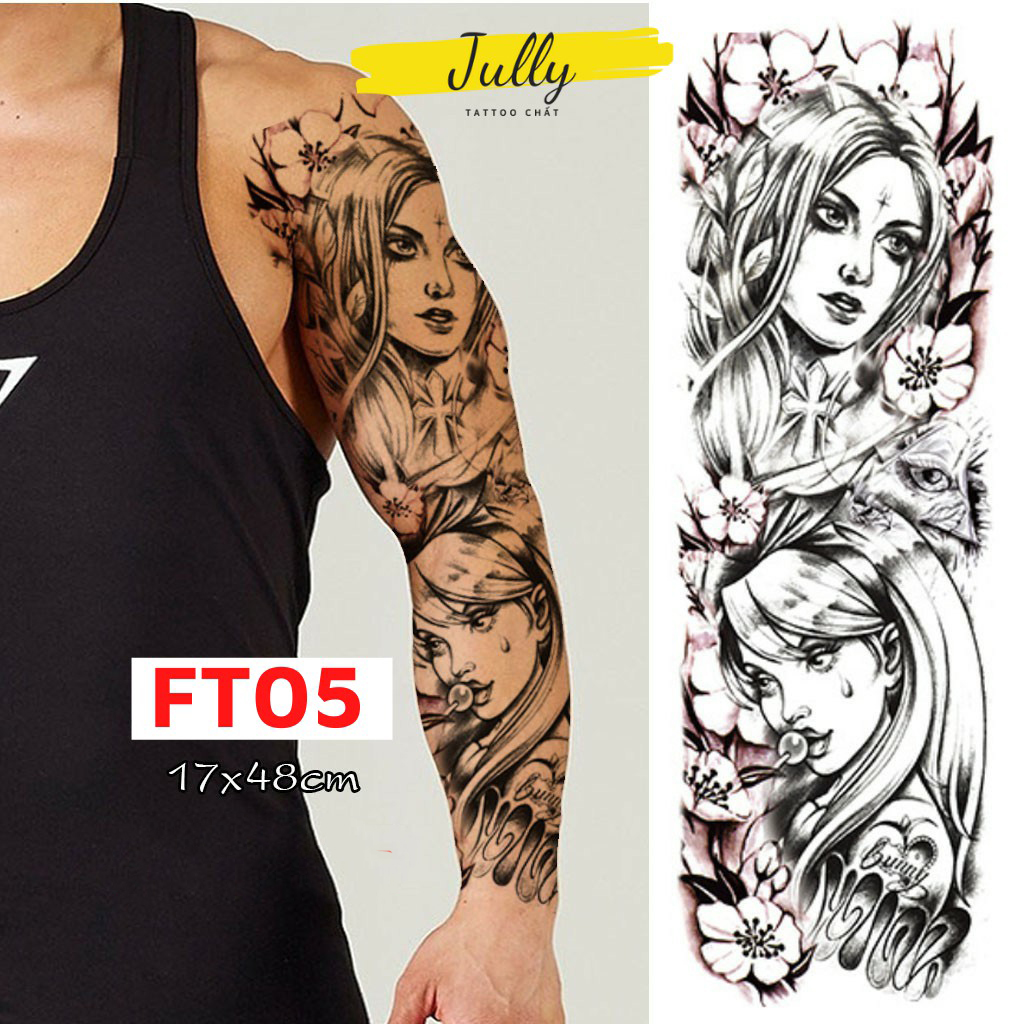 hình xăm dán kín tay, full, bít tay cô gái nhật Geisha JULLY Tattoo chất (kích thước 17x48cm) hình xăm chống nước xăm tạm thời an toàn bền đẹp